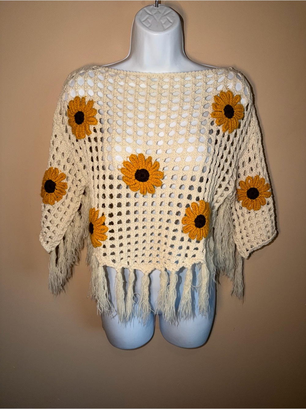 Mello Women’s Boat Neck Crochet Sunflower Top with Fringe